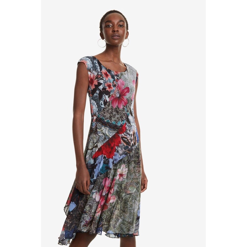 Desigual Karuka Mesh Midi Dress LARGE Patchwork Floral Layered Sleeveless Artsy